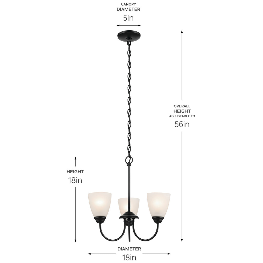 KICHLER 43637BK Jolie 3-Light Mini Chandelier With Satin Etched Glass In Black