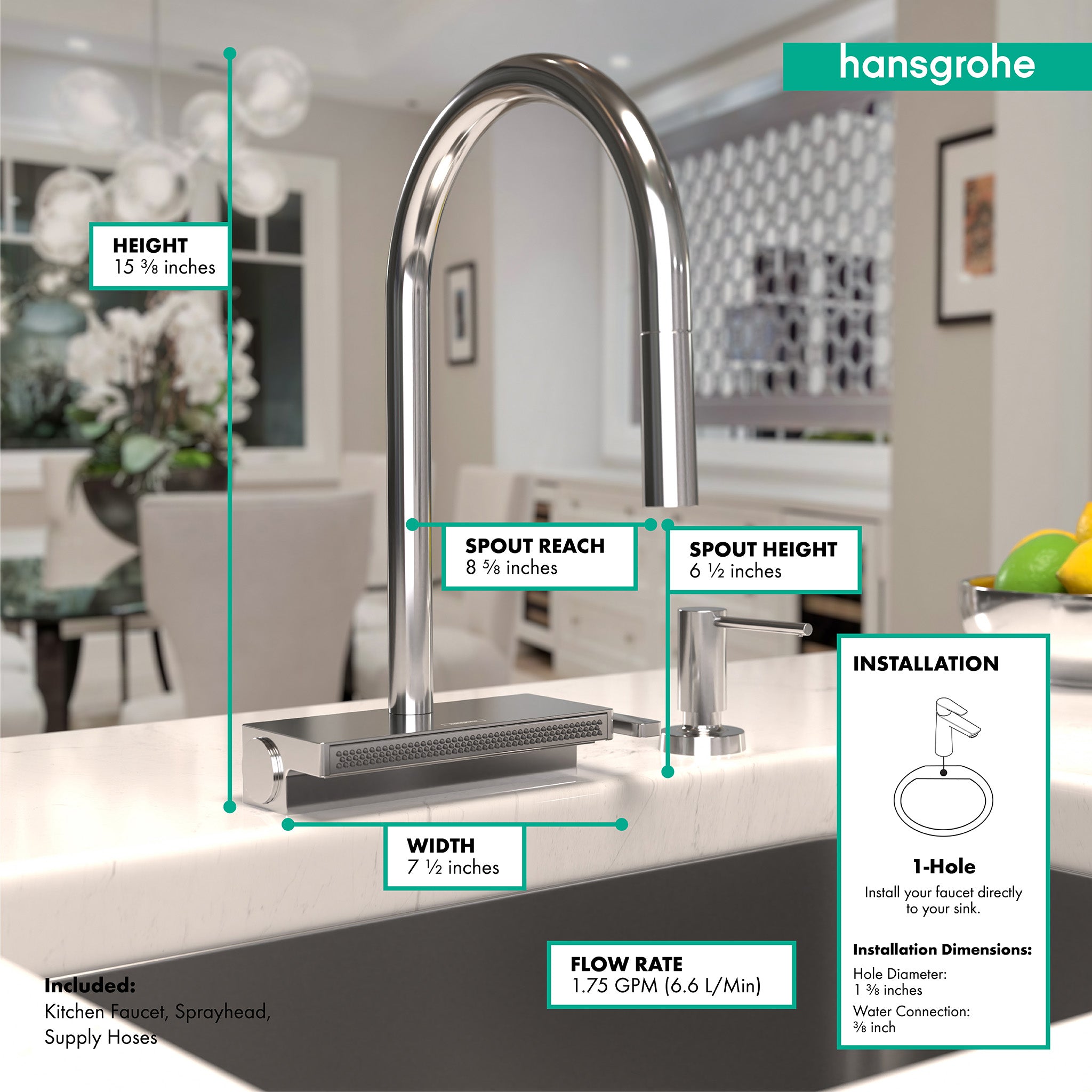 HANSGROHE 73831001 Aquno Select HighArc Kitchen Faucet, 3-Spray Pull-Down with sBox, 1.75 GPM - Chrome