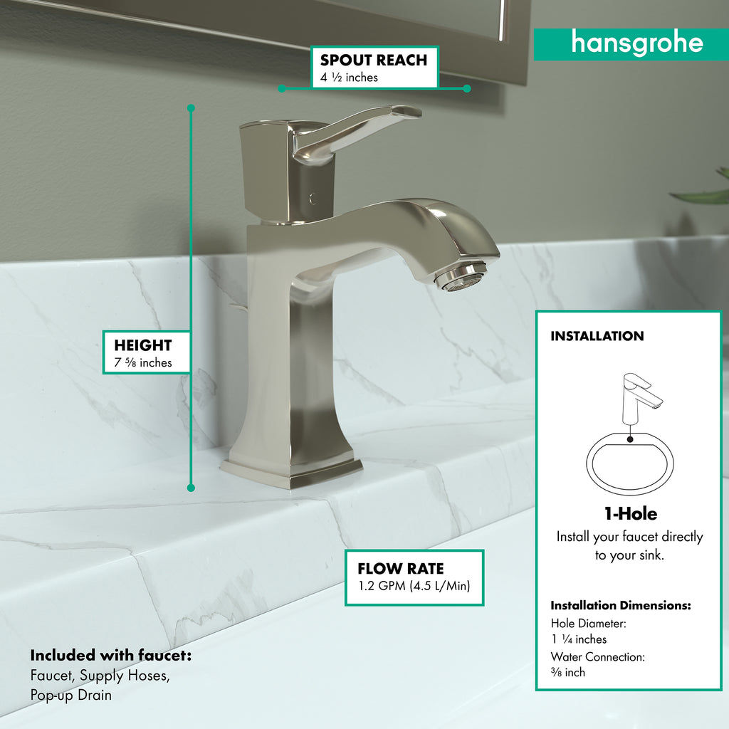 HANSGROHE 31300831 Metropol Classic Single-Hole Faucet 110 with Pop-Up Drain, 1.2 GPM - Polished Nickel