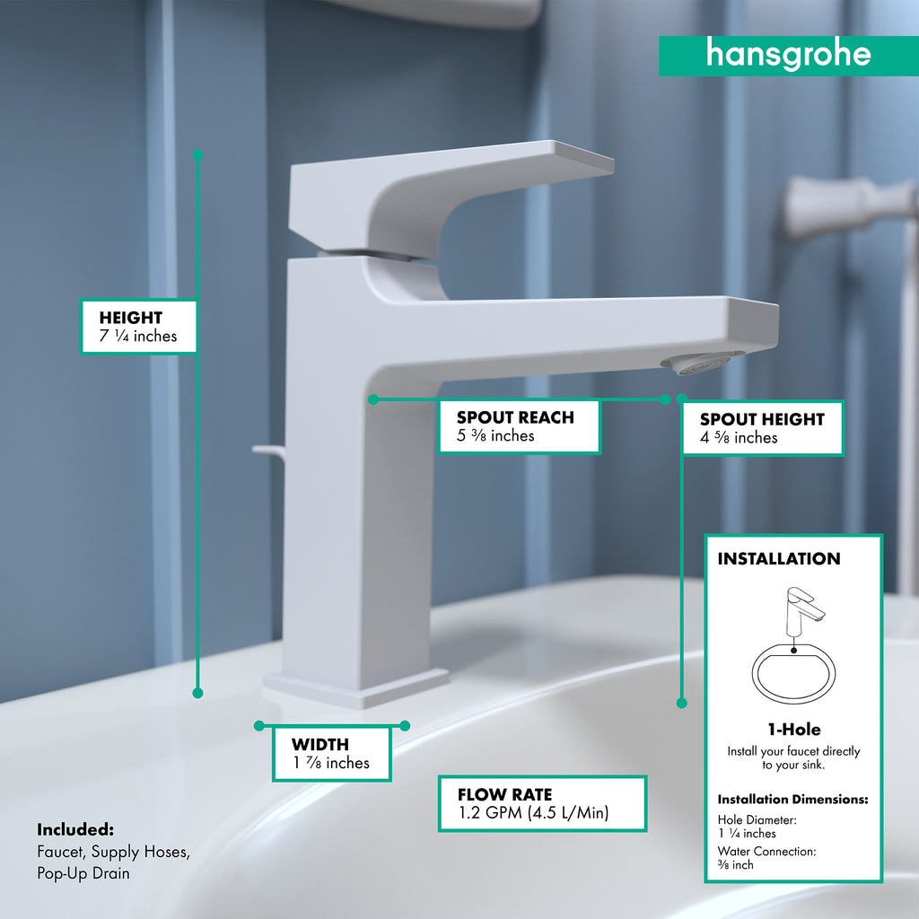 HANSGROHE 32506701 Metropol Single-Hole Faucet 110 with Lever Handle and Pop-Up Drain, 1.2 GPM - Matte White