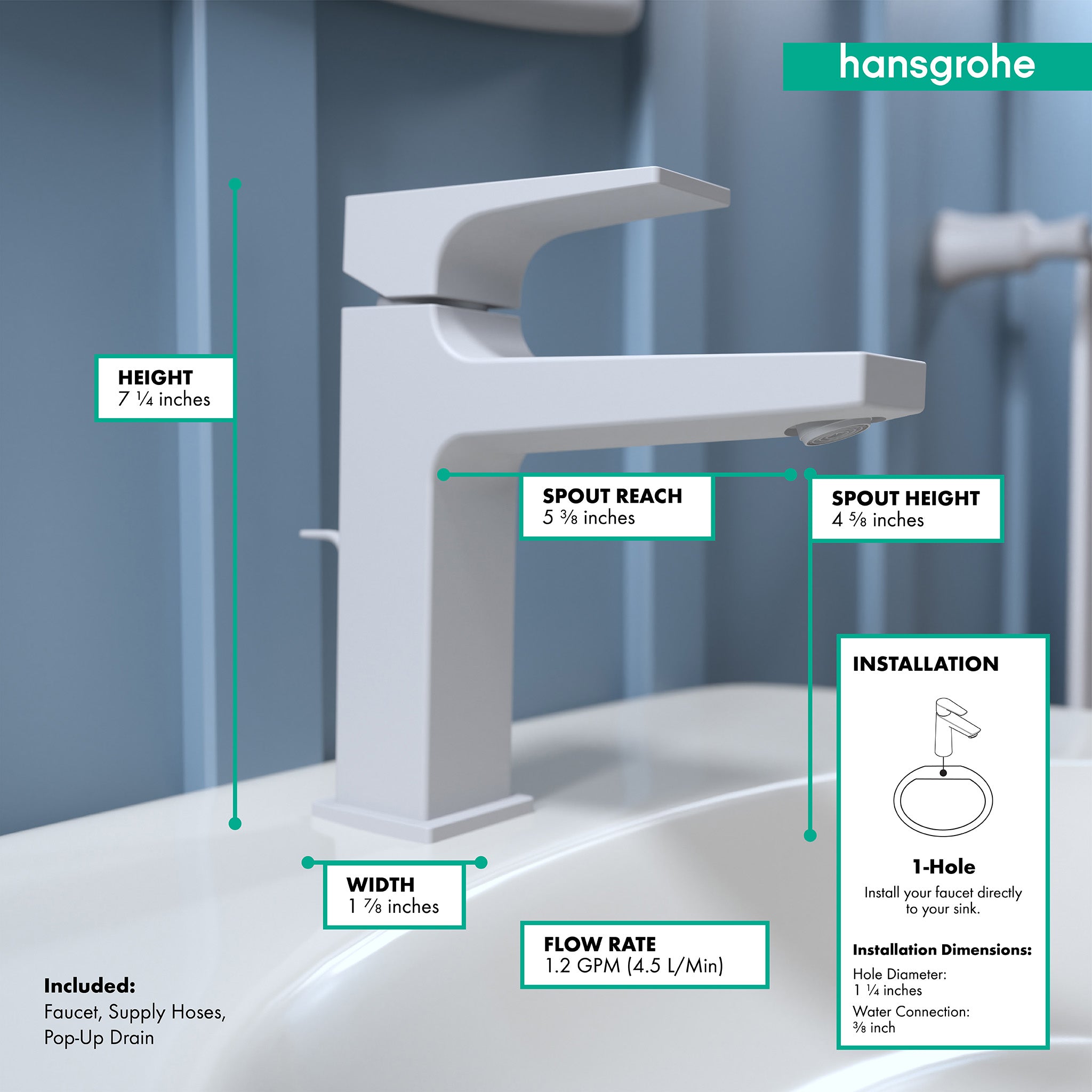 HANSGROHE 32506701 Metropol Single-Hole Faucet 110 with Lever Handle and Pop-Up Drain, 1.2 GPM - Matte White