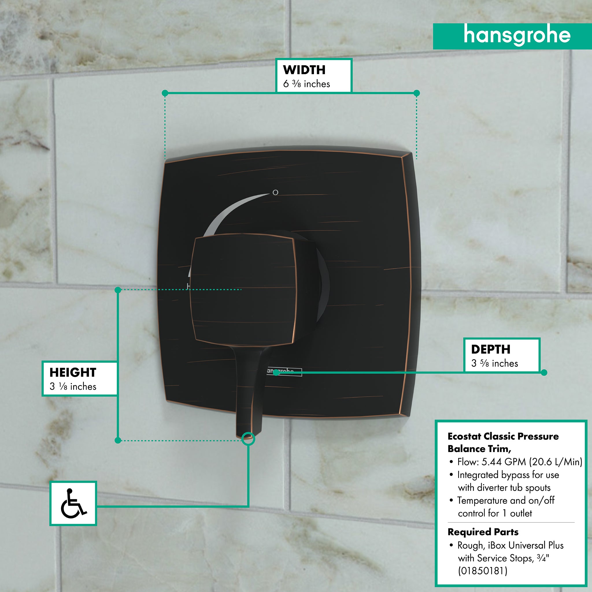 HANSGROHE 15769921 Ecostat Classic Pressure Balance Trim, Square - Rubbed Bronze