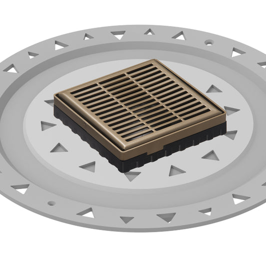 INFINITY DRAIN LND4 BP SB LND 4 4" x 4" LND 4 Slotted Pattern Complete Kit in Satin Bronze with PVC Bonded Flange, 2", 3" and 4" Outlet
