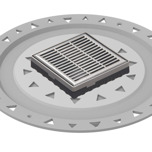 INFINITY DRAIN LND4 BP SS LND 4 4" x 4" LND 4 Slotted Pattern Complete Kit in Satin Stainless with PVC Bonded Flange, 2", 3" and 4" Outlet