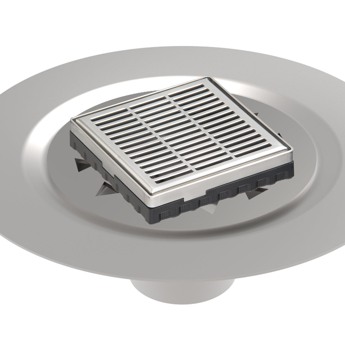 INFINITY DRAIN LND4 BS PS LND 4 4" x 4" LND 4 Slotted Pattern Complete Kit in Polished Stainless with Stainless Steel Bonded Flange, 2" No Hub Outlet