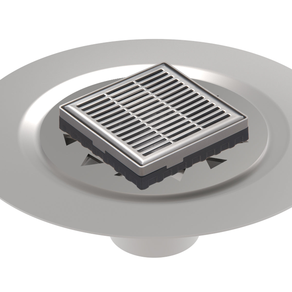 INFINITY DRAIN LND4 BS SS LND 4 4" x 4" LND 4 Slotted Pattern Complete Kit in Satin Stainless with Stainless Steel Bonded Flange, 2" No Hub Outlet