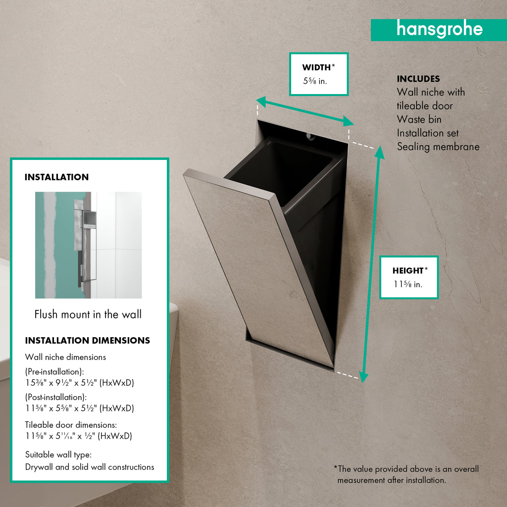 HANSGROHE 56063800 XtraStoris Rock Recessed Trash Bin with Shelf & Tileable Door - Brushed Stainless Steel