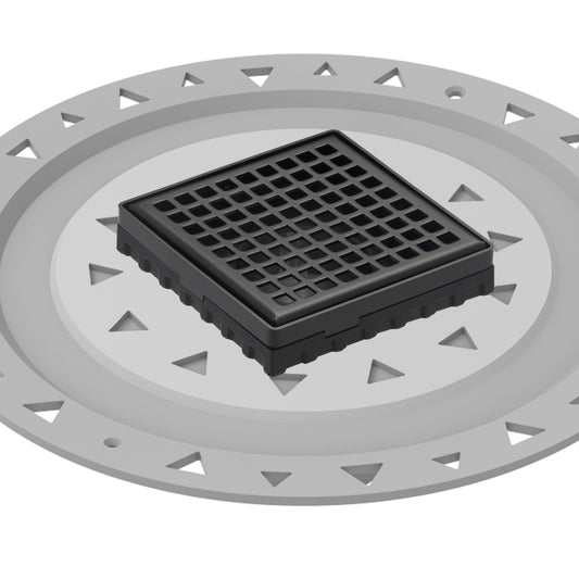 INFINITY DRAIN LQD4 BP BK LQD 4 4" x 4" LQD 4 Squares Pattern Complete Kit in Matte Black with PVC Bonded Flange, 2", 3" and 4" Outlet