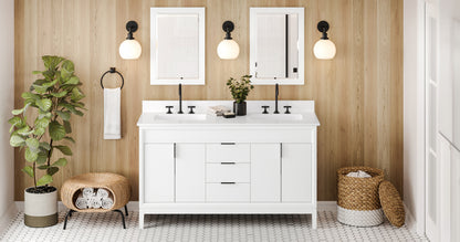 JEFFREY ALEXANDER VKITTHE60WHWQR 60" White Theodora Vanity, double bowl, White Quartz Vanity Top, two undermount rectangle bowls - White