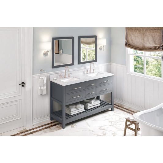 JEFFREY ALEXANDER VKITWAV60GRWCR 60" Grey Wavecrest Vanity, double bowl, White Carrara Marble Vanity Top, two undermount rectangle bowls , Grey