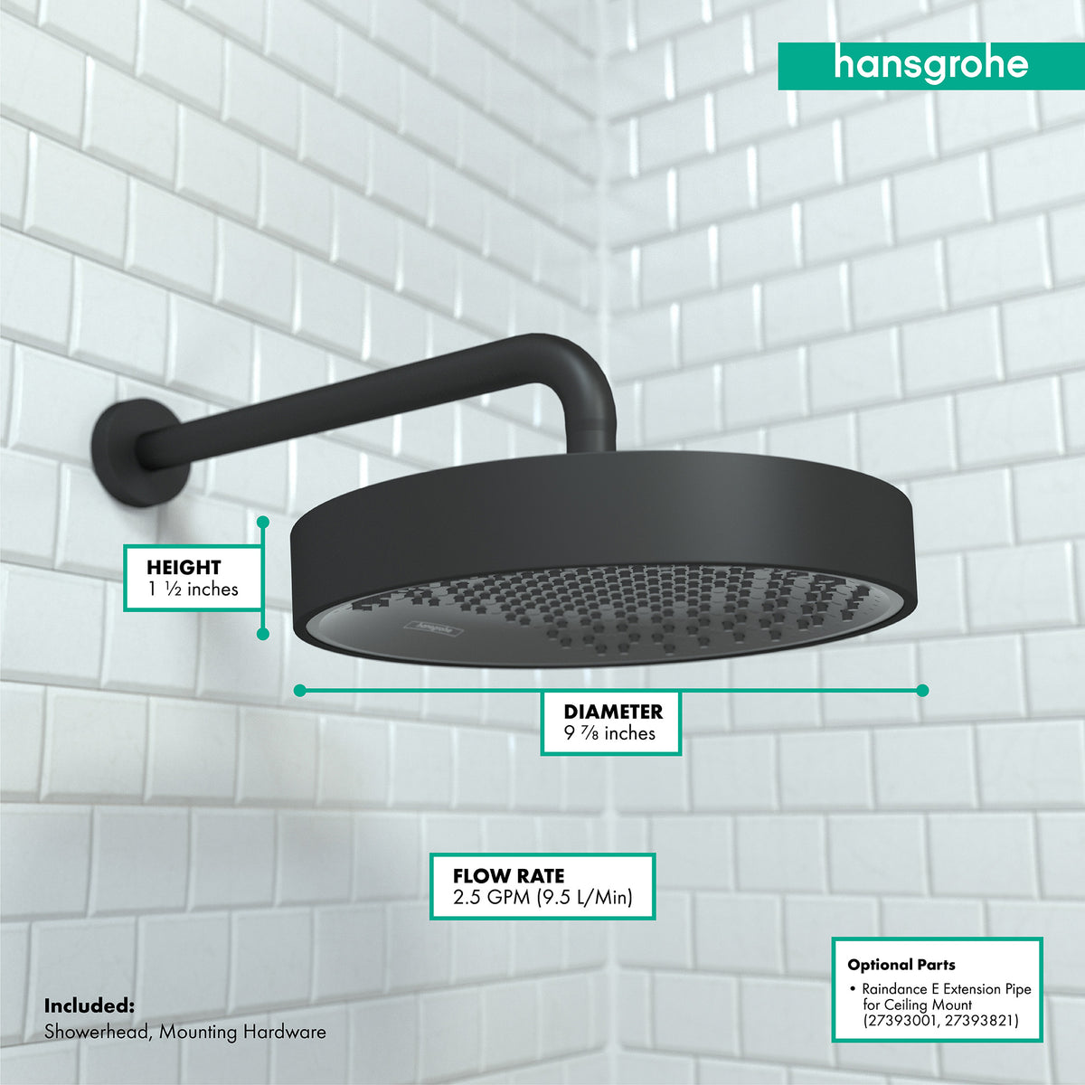 HANSGROHE 26228671 Rainfinity Showerhead 250 1-Jet, 2.5 GPM - Matte Black