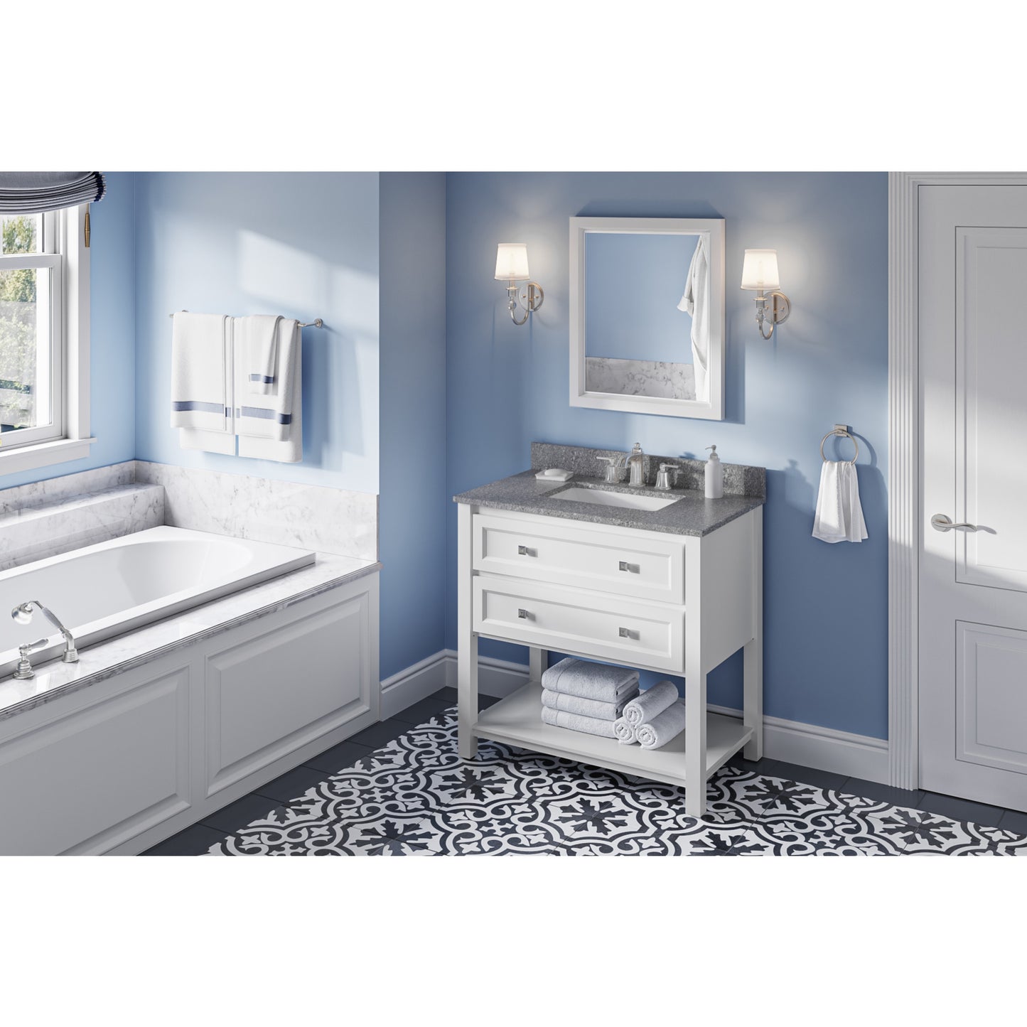 JEFFREY ALEXANDER VKITADL36WHBOR 36" White Adler Vanity, Boulder Cultured Marble Vanity Top, undermount rectangle bowl - White