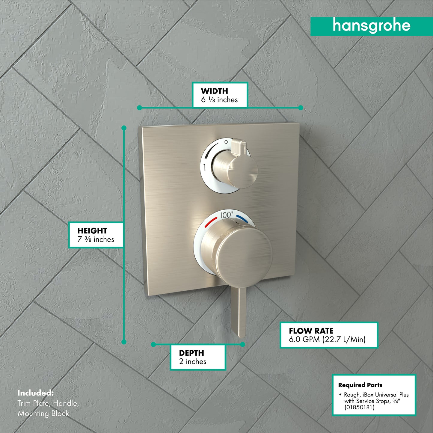 HANSGROHE 15712821 Brushed Nickel Ecostat Square Modern Thermostatic Trim
