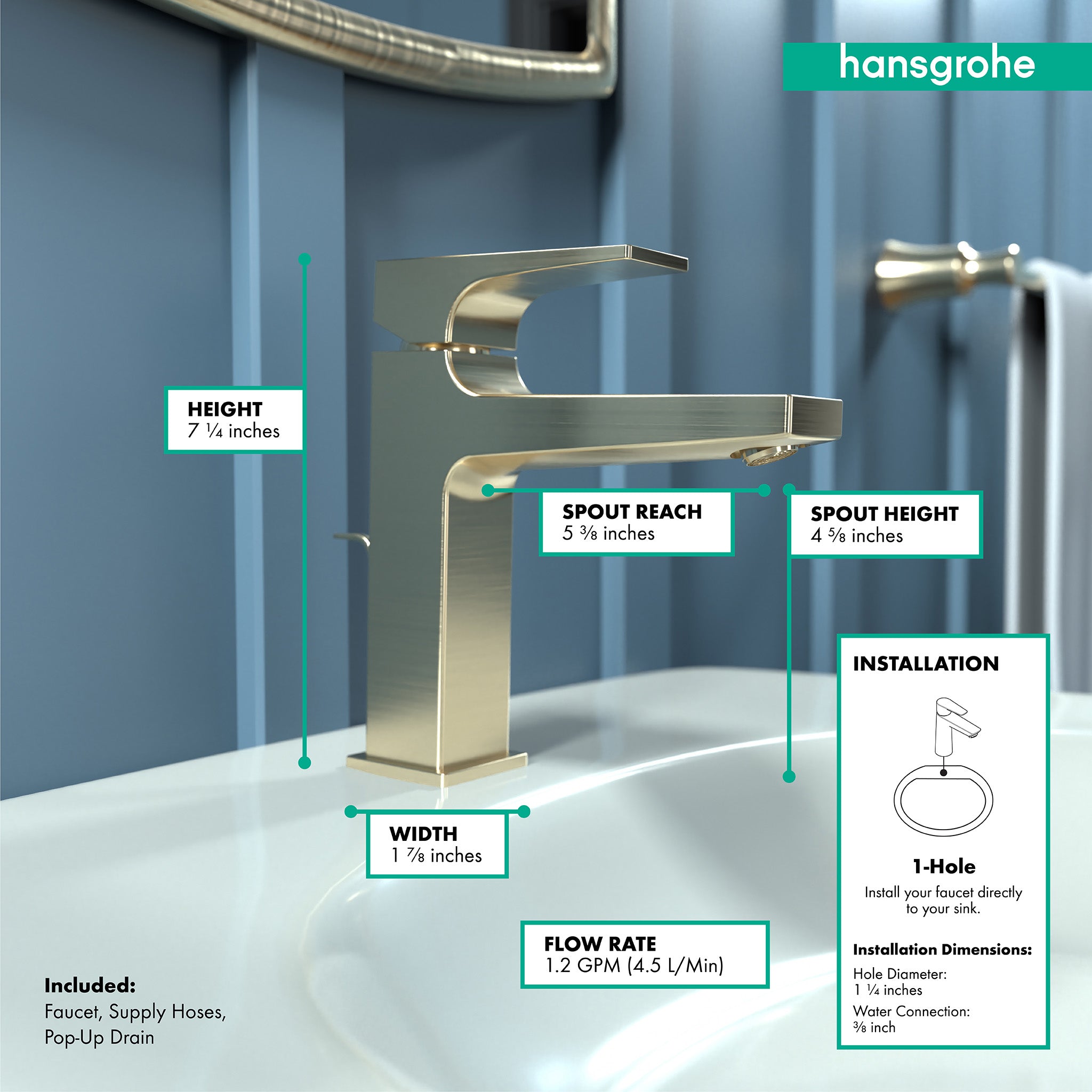 HANSGROHE 32506141 Metropol Single-Hole Faucet 110 with Lever Handle and Pop-Up Drain, 1.2 GPM - Brushed Bronze