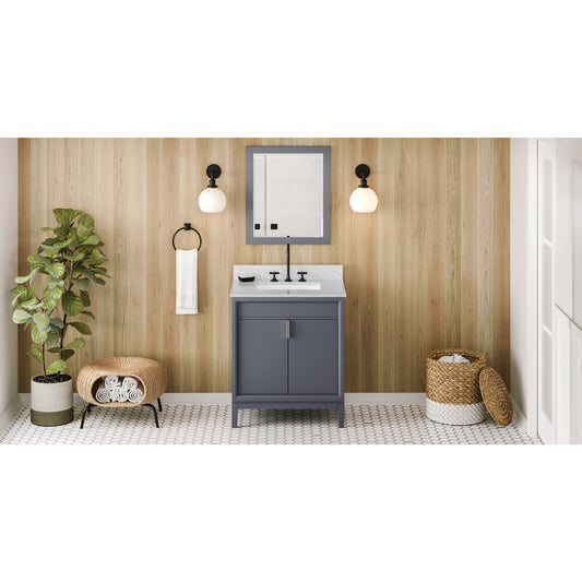 JEFFREY ALEXANDER VKITTHE30BSWCR 30" Blue Steel Theodora Vanity, White Carrara Marble Vanity Top, undermount rectangle bowl , Blue Steel