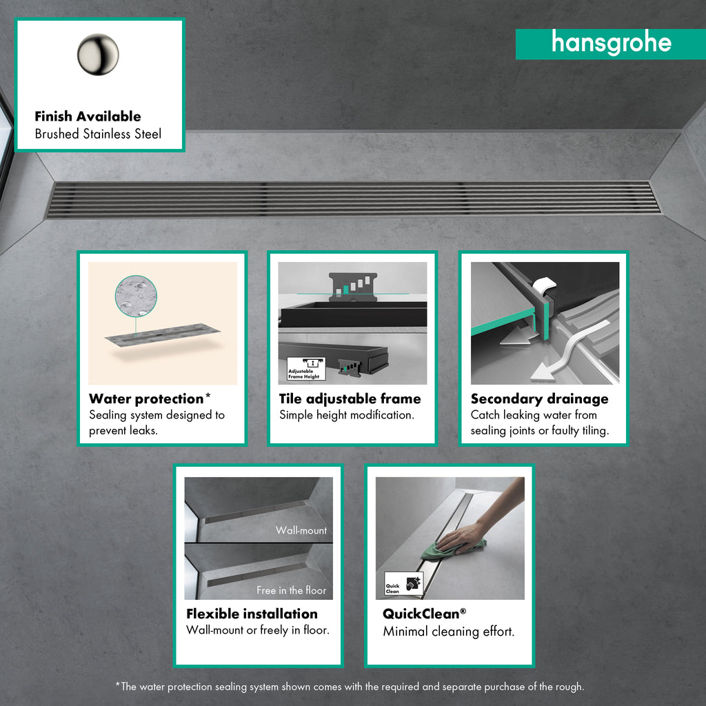 HANSGROHE 56125801 RainDrain Match Boardwalk Trim Boadwalk 47 1/4" with Height Adjustable Frame - Brushed Stainless Steel
