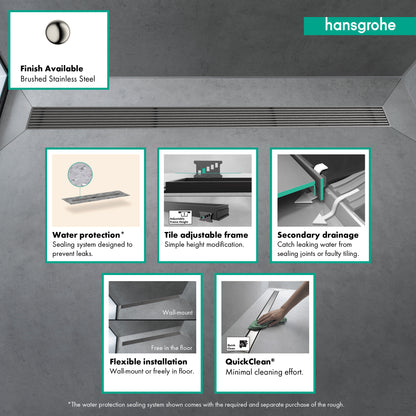 HANSGROHE 56125801 RainDrain Match Boardwalk Trim Boadwalk 47 1/4" with Height Adjustable Frame - Brushed Stainless Steel