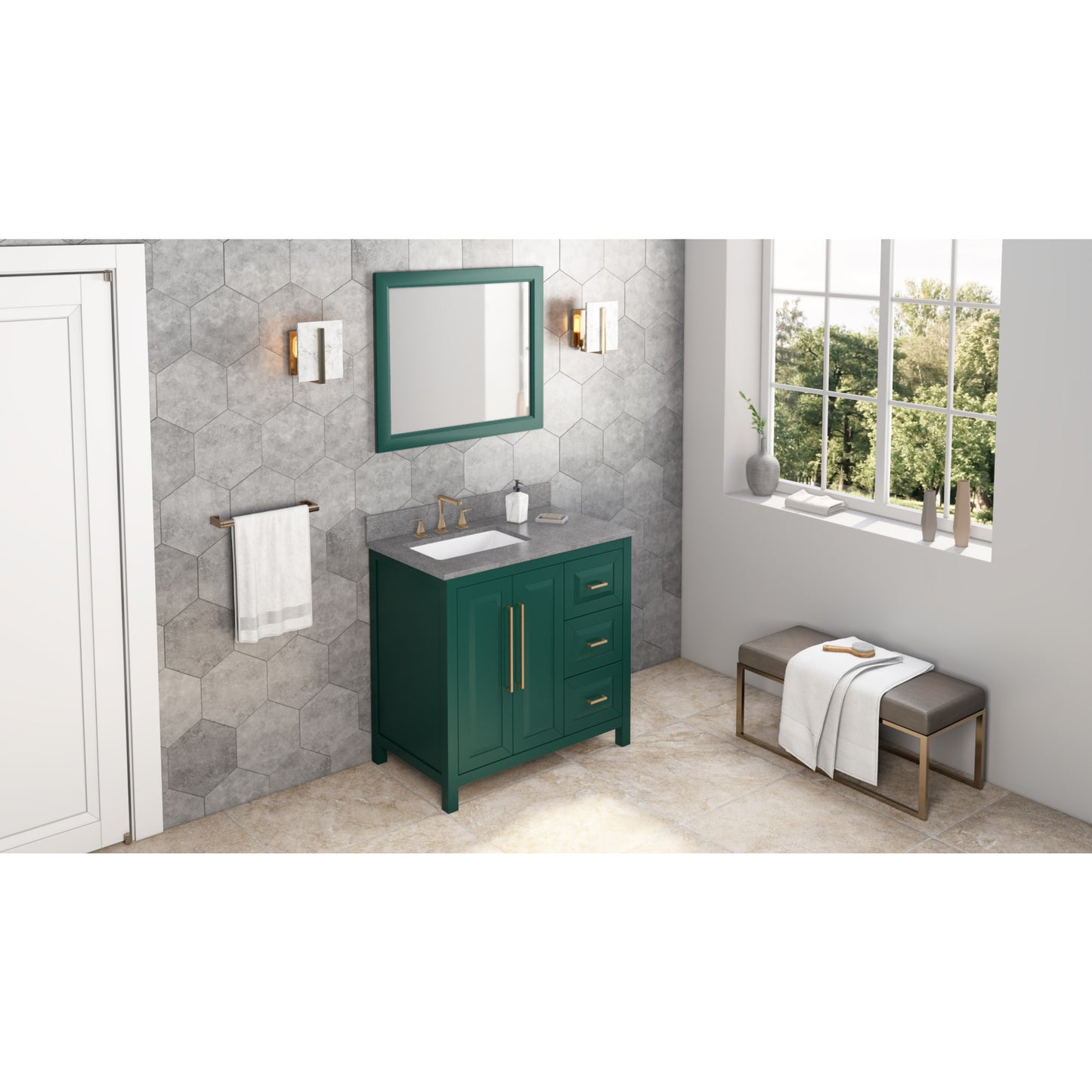 JEFFREY ALEXANDER VKITCAD36GNSGR 36" Forest Green Cade Vanity, left offset, Steel Grey Cultured Marble Vanity Top, undermount rectangle bowl - Green