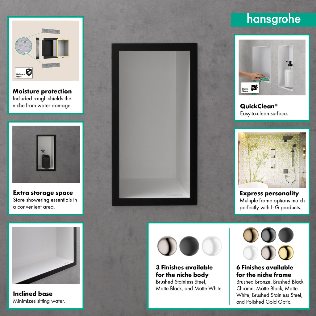 HANSGROHE 56094800 XtraStoris Individual Wall Niche Brushed Stainless Steel with Design Frame 12"x 6"x 4" - Brushed Stainless Steel