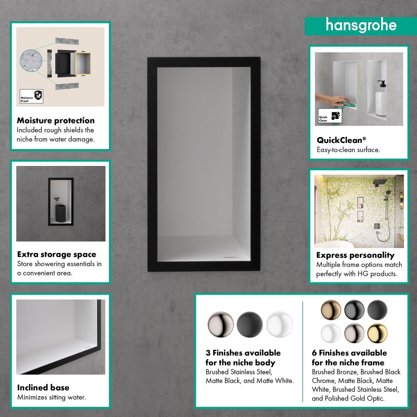 HANSGROHE 56096340 XtraStoris Individual Wall Niche Matte White with Design Frame 12"x 6"x 4" - Brushed Black Chrome