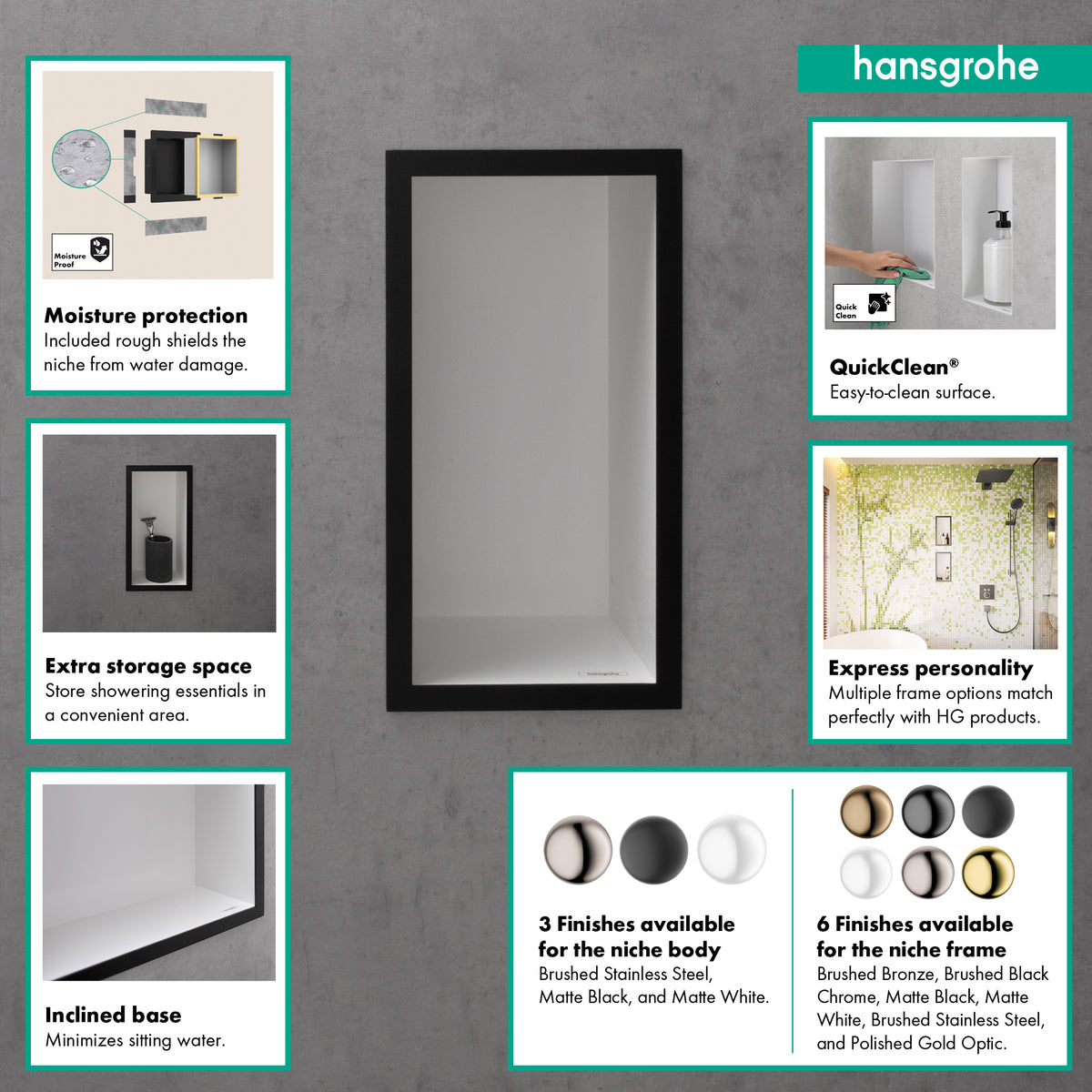 HANSGROHE 56094800 XtraStoris Individual Wall Niche Brushed Stainless Steel with Design Frame 12"x 6"x 4" - Brushed Stainless Steel