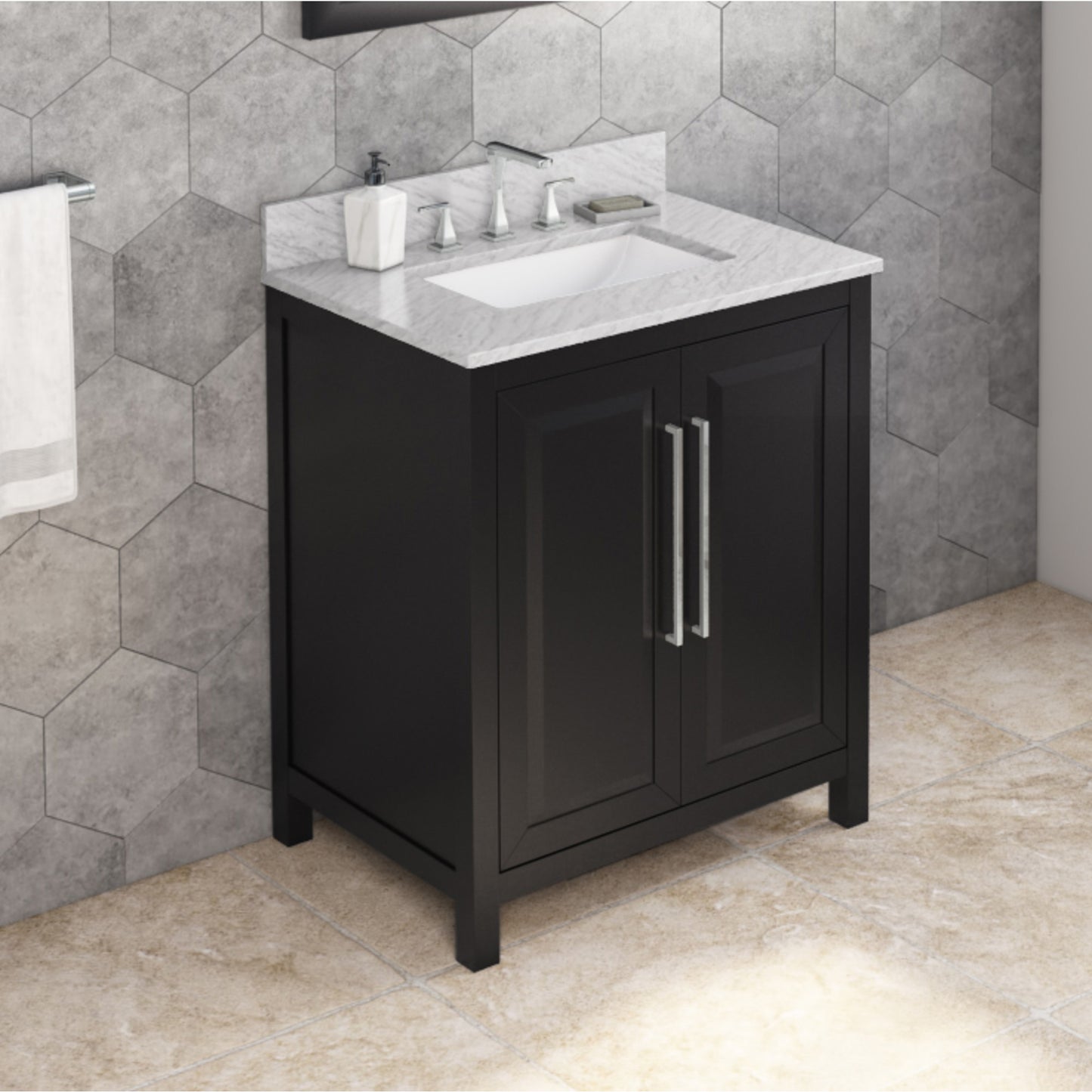 JEFFREY ALEXANDER VKITCAD30BKWCR 30" Black Cade Vanity, White Carrara Marble Vanity Top, undermount rectangle bowl - Black