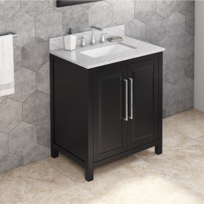 JEFFREY ALEXANDER VKITCAD30BKWCR 30" Black Cade Vanity, White Carrara Marble Vanity Top, undermount rectangle bowl - Black