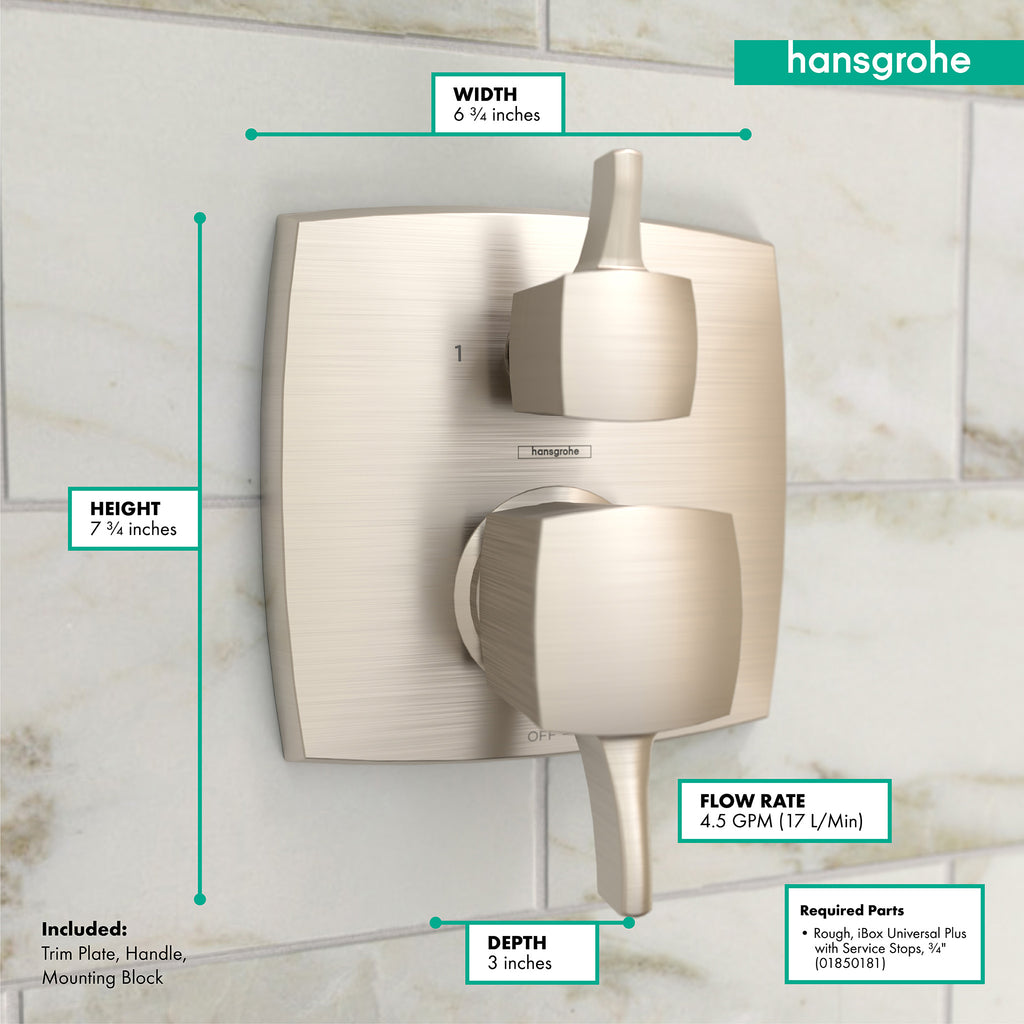 HANSGROHE 15865821 Ecostat Classic Pressure Balance Trim Classic Square with Diverter - Brushed Nickel