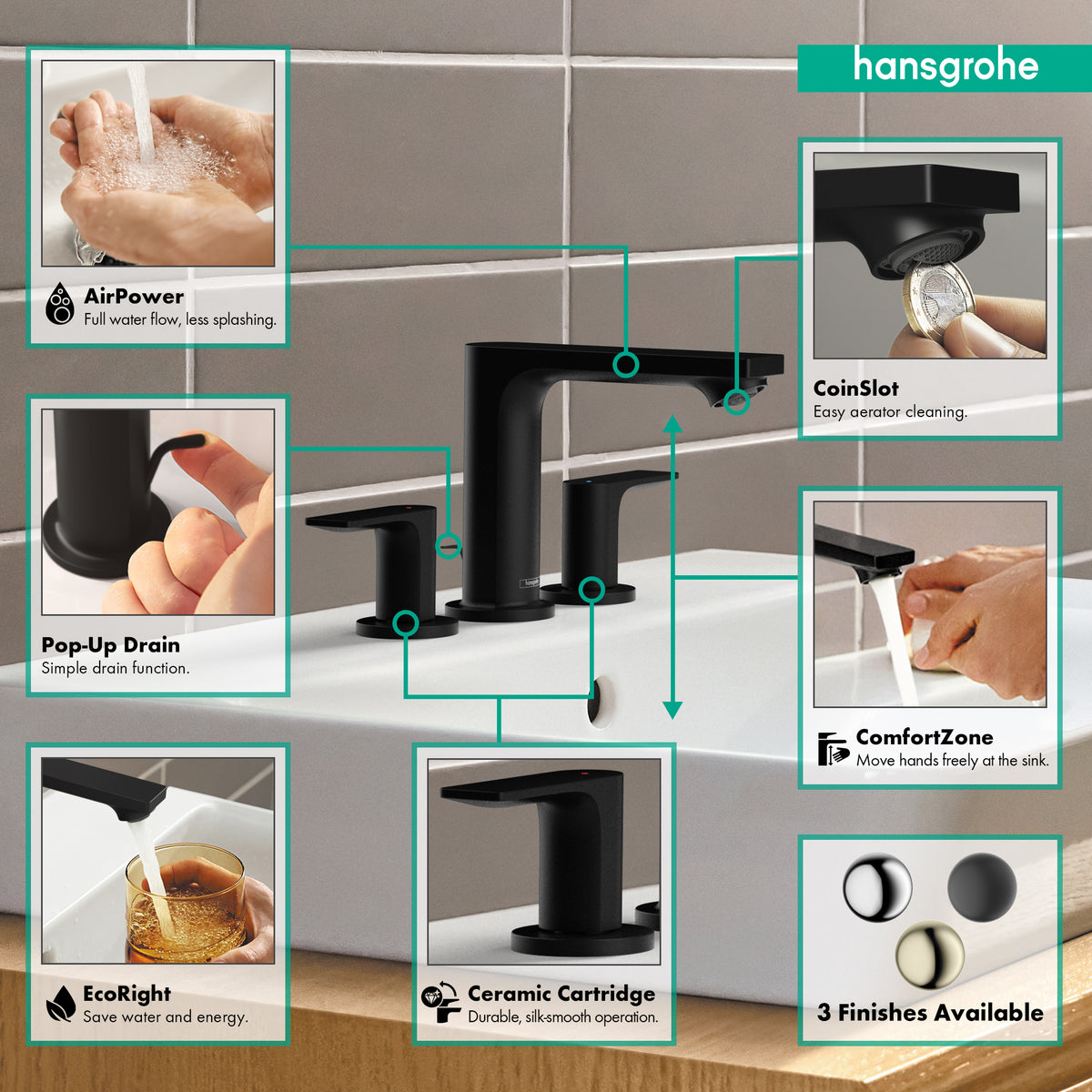 HANSGROHE 72532671 Rebris E Widespread Faucet 110 with Pop-Up Drain, 1.2 GPM - Matte Black