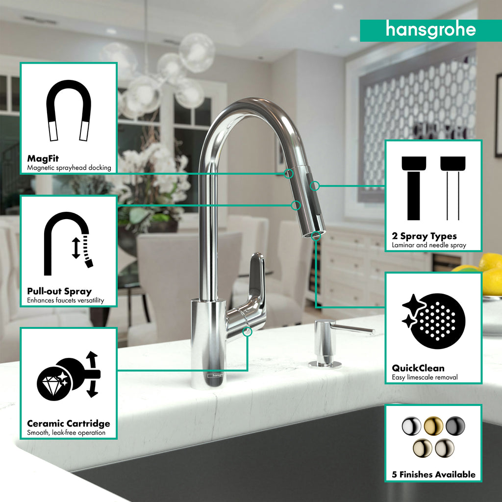 HANSGROHE 04505000 Focus HighArc Kitchen Faucet, 2-Spray Pull-Down, 1.75 GPM - Chrome