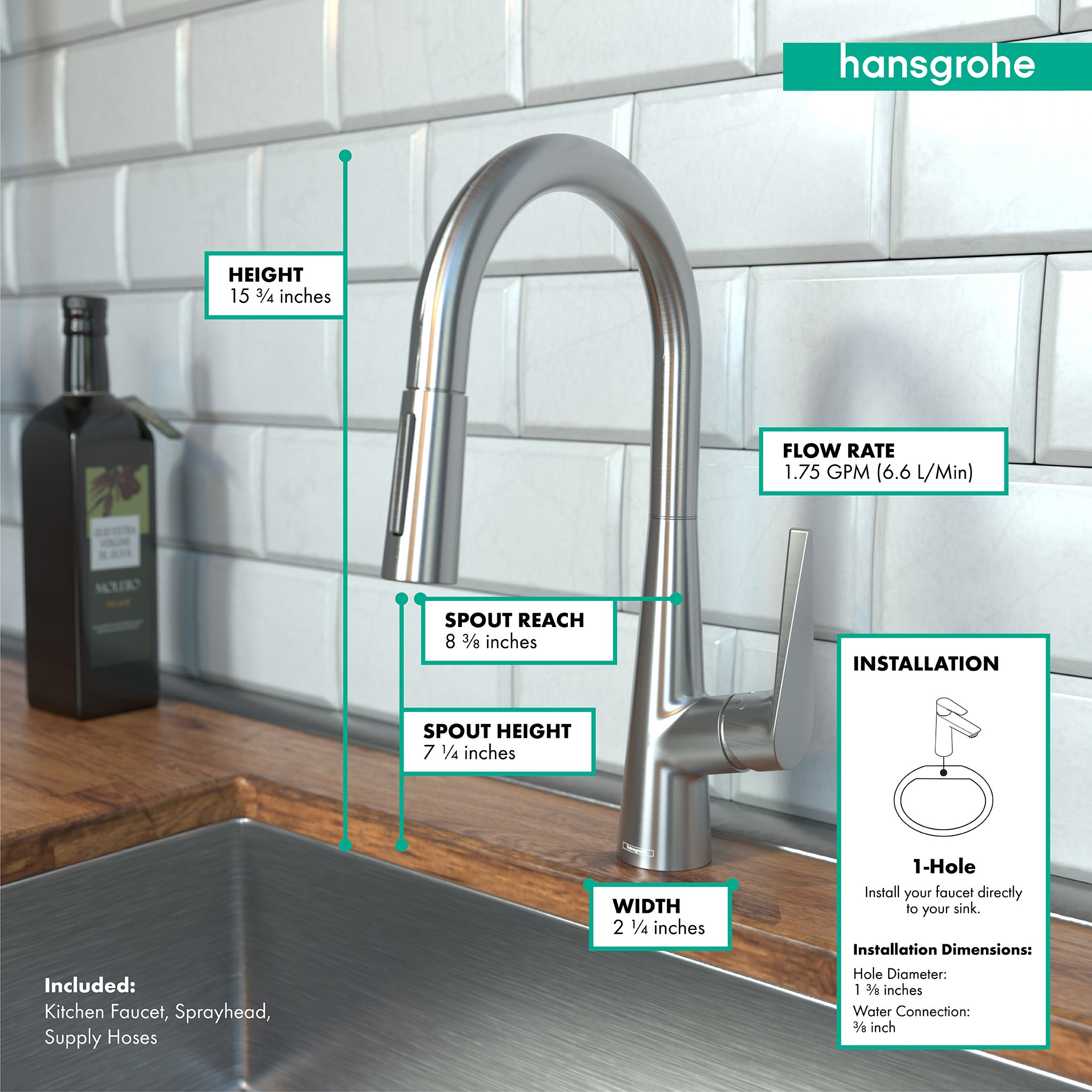 HANSGROHE 72813801 Talis S HighArc Kitchen Faucet, 2-Spray Pull-Down, 1.75 GPM - Stainless Steel Optic