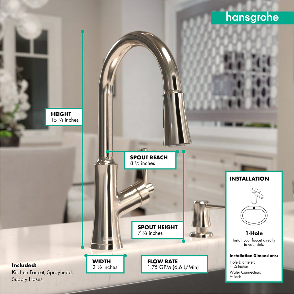 HANSGROHE 04793830 Joleena HighArc Kitchen Faucet, 2-Spray Pull-Down, 1.75 GPM - Polished Nickel
