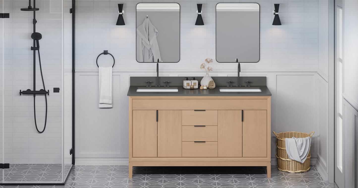 JEFFREY ALEXANDER VKITTHE60NOGQR Theodora 60" Double Bathroom Vanity Set - Natural Oak