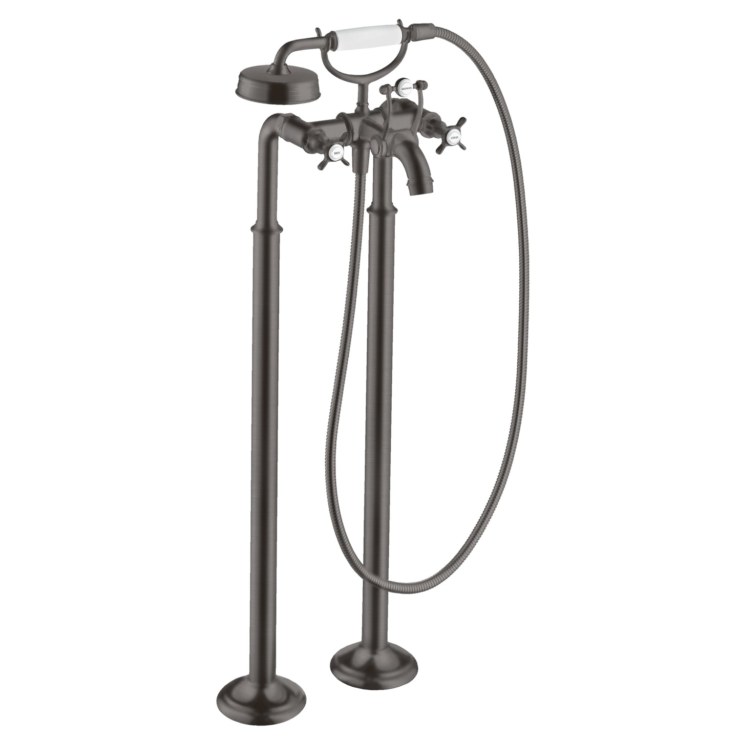 AXOR Montreux 2-Handle Freestanding Tub Filler Trim with Cross Handles and 1.8 GPM Handshower in Brushed Black Chrome