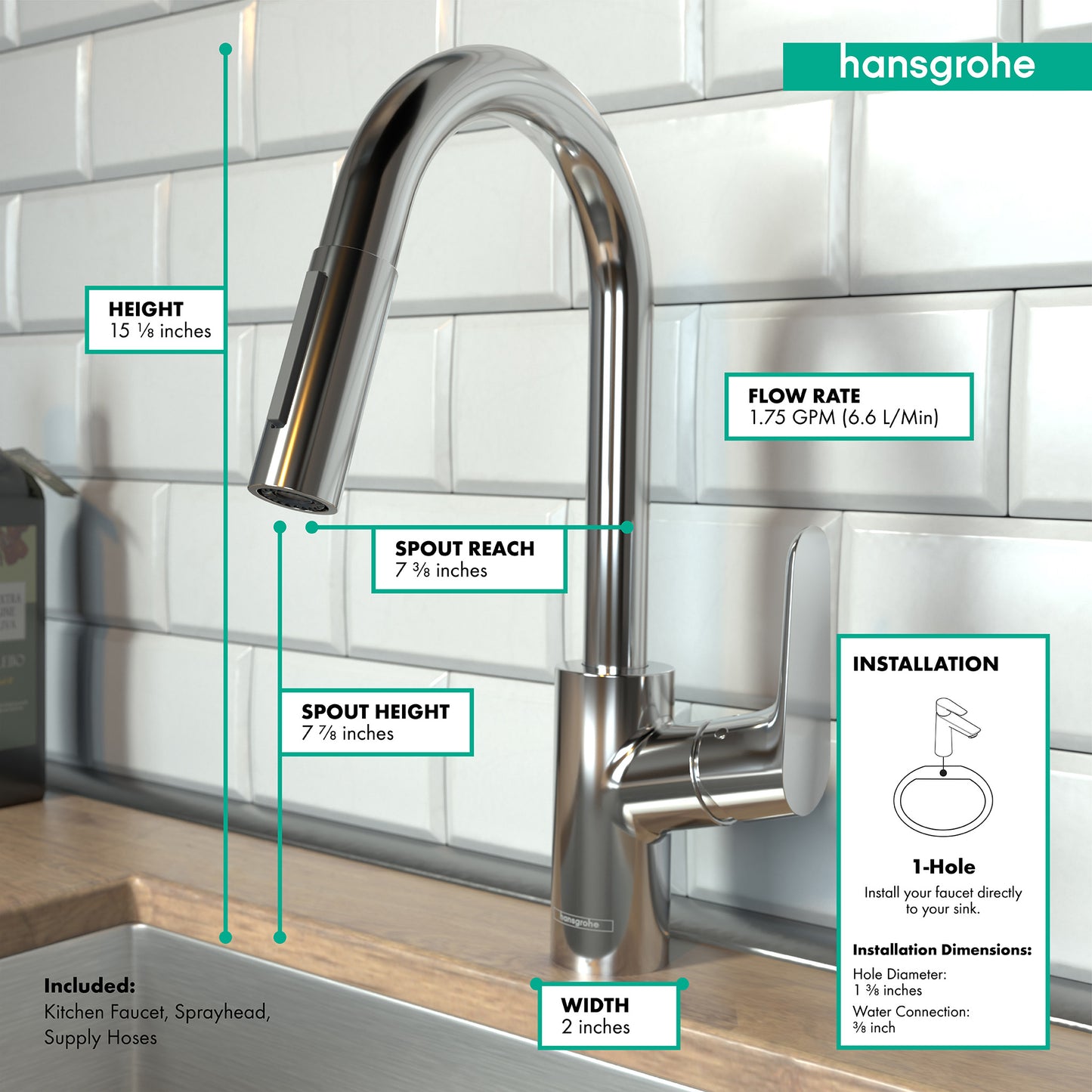 HANSGROHE 04506001 Chrome Focus Modern Kitchen Faucet 1.75 GPM