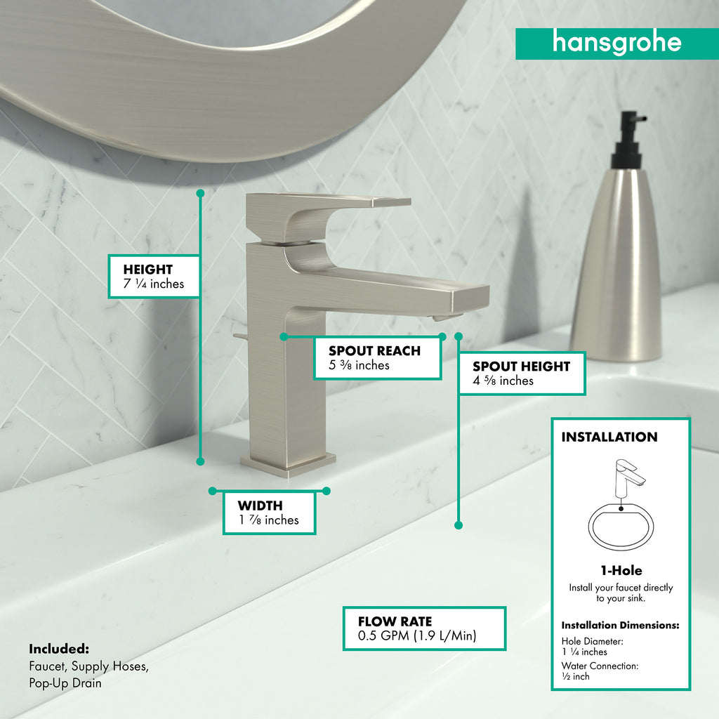 HANSGROHE 32527821 Metropol Single-Hole Faucet 110 with Lever Handle and Pop-Up Drain, 0.5 GPM - Brushed Nickel