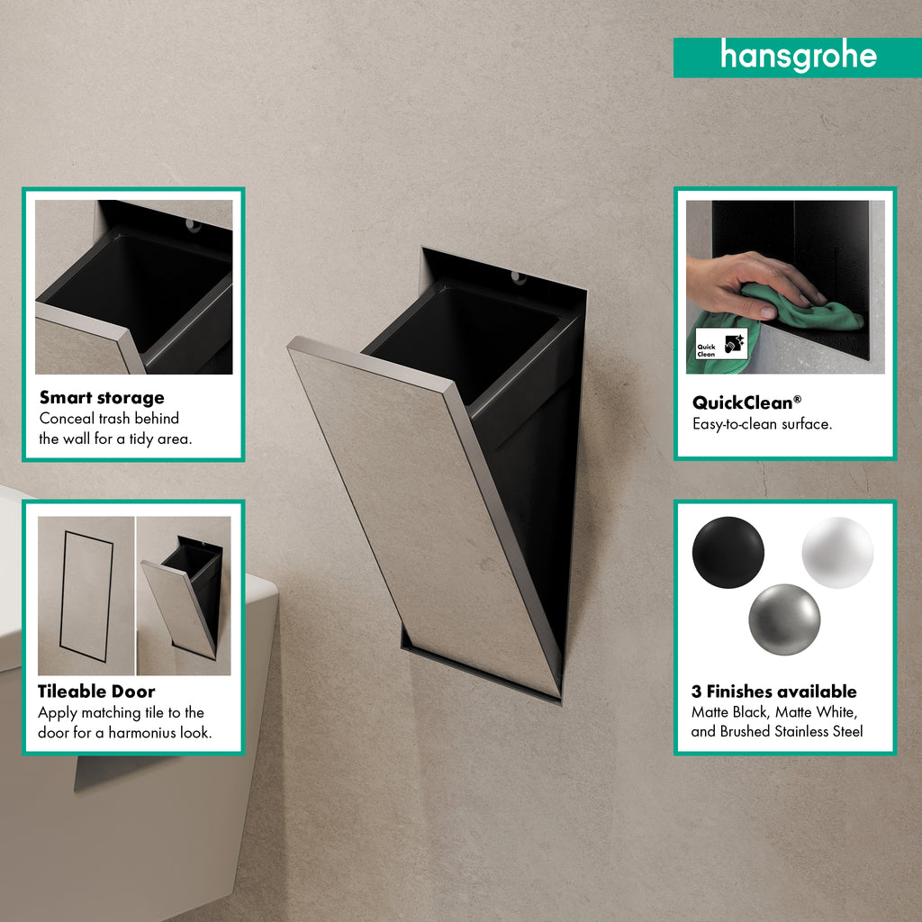HANSGROHE 56063800 XtraStoris Rock Recessed Trash Bin with Shelf & Tileable Door - Brushed Stainless Steel