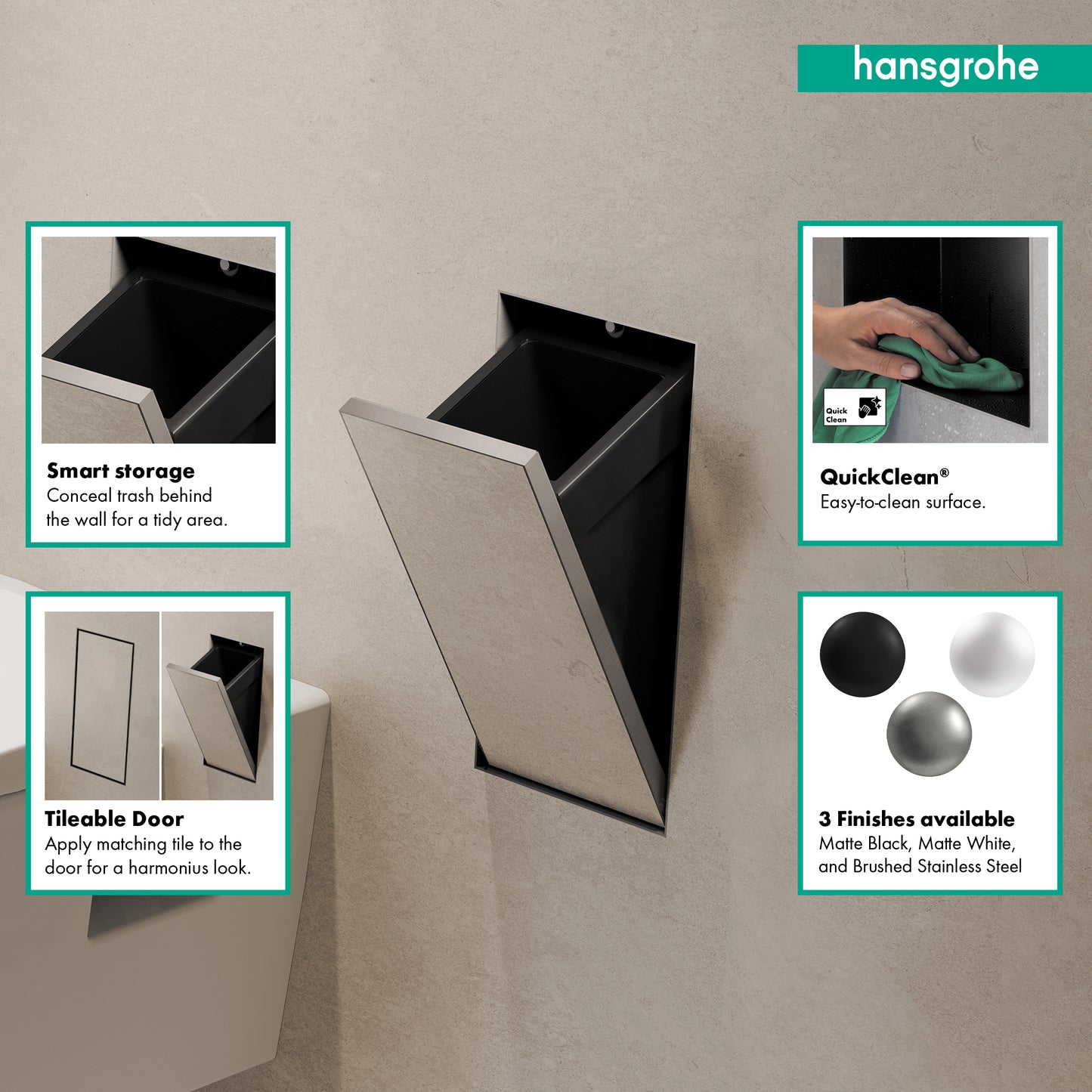 HANSGROHE 56063800 XtraStoris Rock Recessed Trash Bin with Shelf & Tileable Door - Brushed Stainless Steel