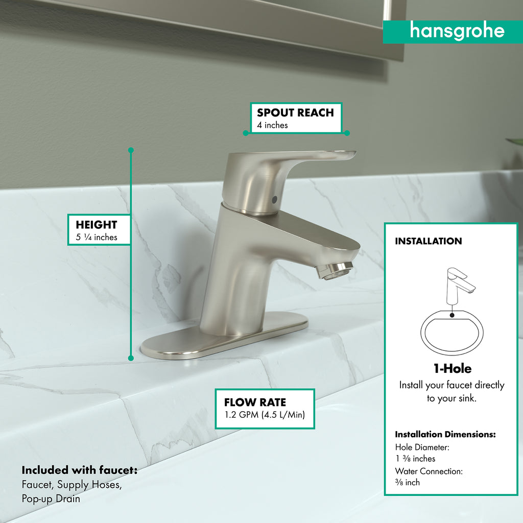 HANSGROHE 04370820 Focus Single-Hole Faucet 70 with Pop-Up Drain, 1.2 GPM - Brushed Nickel