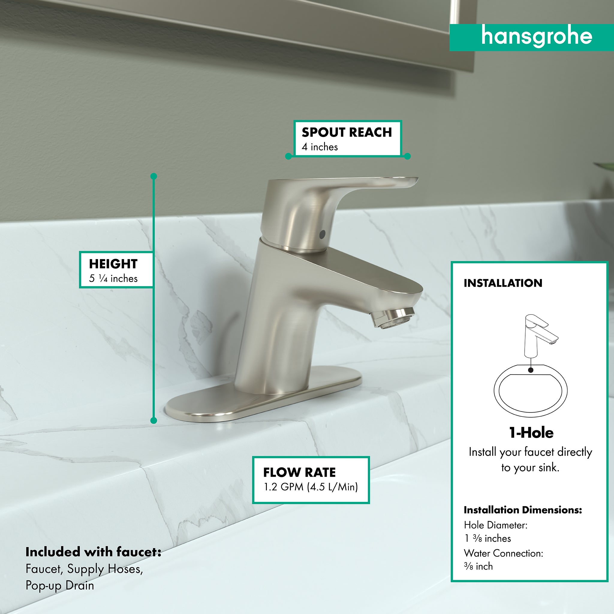 HANSGROHE 04370820 Focus Single-Hole Faucet 70 with Pop-Up Drain, 1.2 GPM - Brushed Nickel