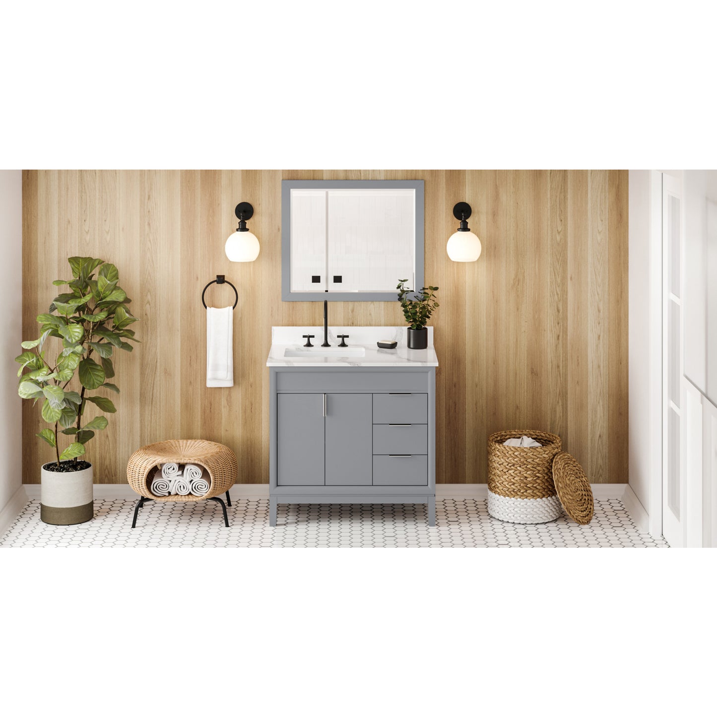 JEFFREY ALEXANDER VKITTHE36GRCQR 36" Grey Theodora Vanity, left offset, Calacatta Vienna Quartz Vanity Top, undermount rectangle bowl , Grey