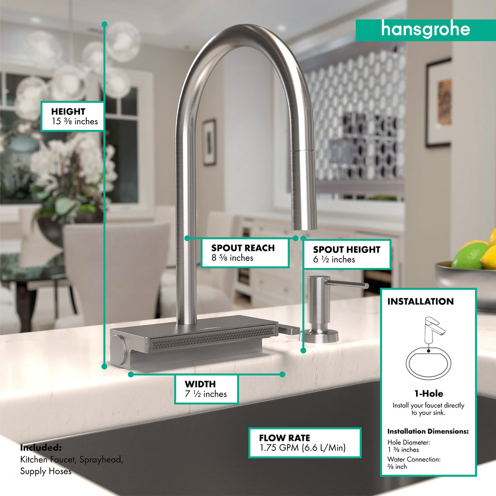 HANSGROHE 73831801 Aquno Select HighArc Kitchen Faucet, 3-Spray Pull-Down with sBox, 1.75 GPM - Stainless Steel Optic