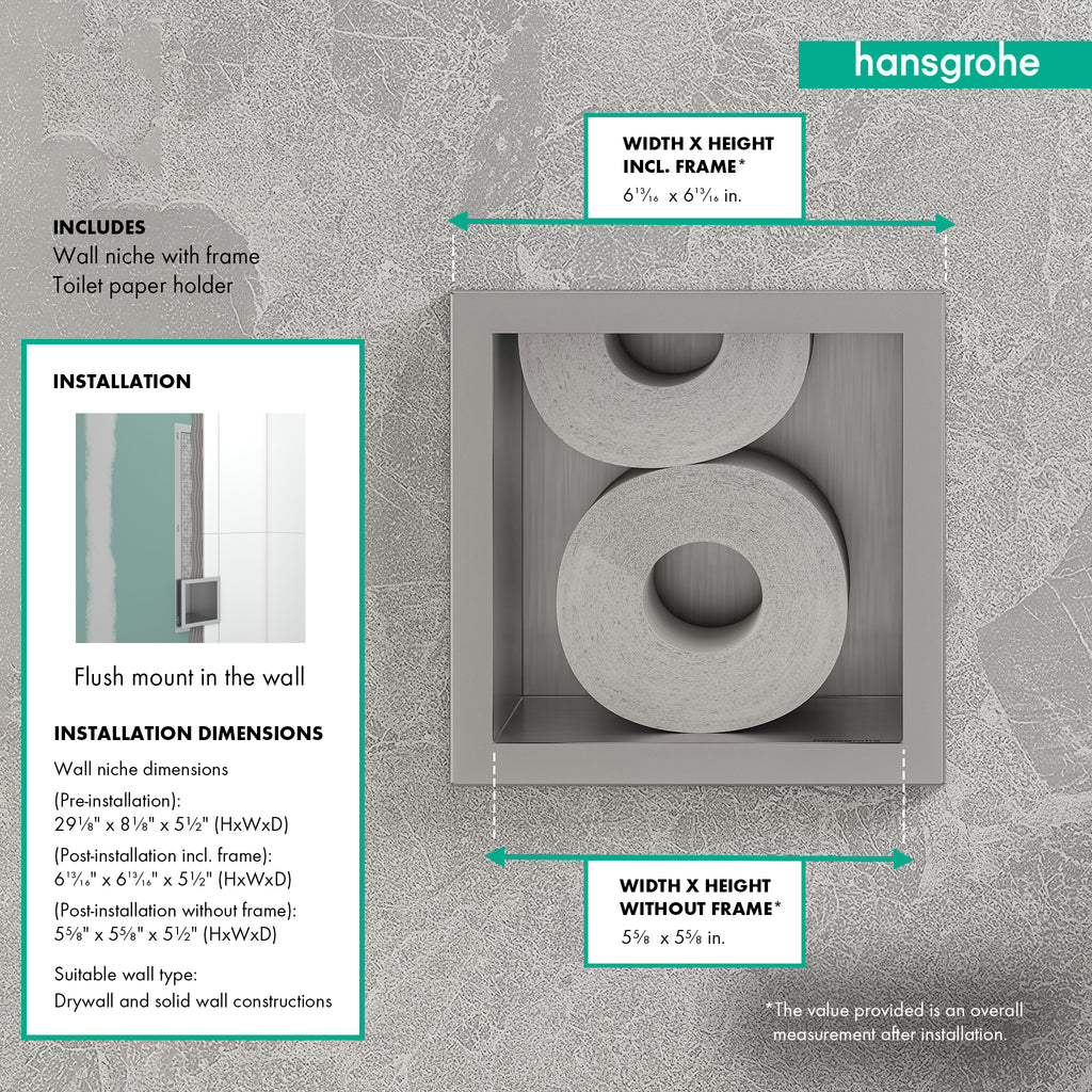 HANSGROHE 56058800 XtraStoris Original Recessed Toilet Paper Holder with Storage & Tileable Door - Brushed Stainless Steel