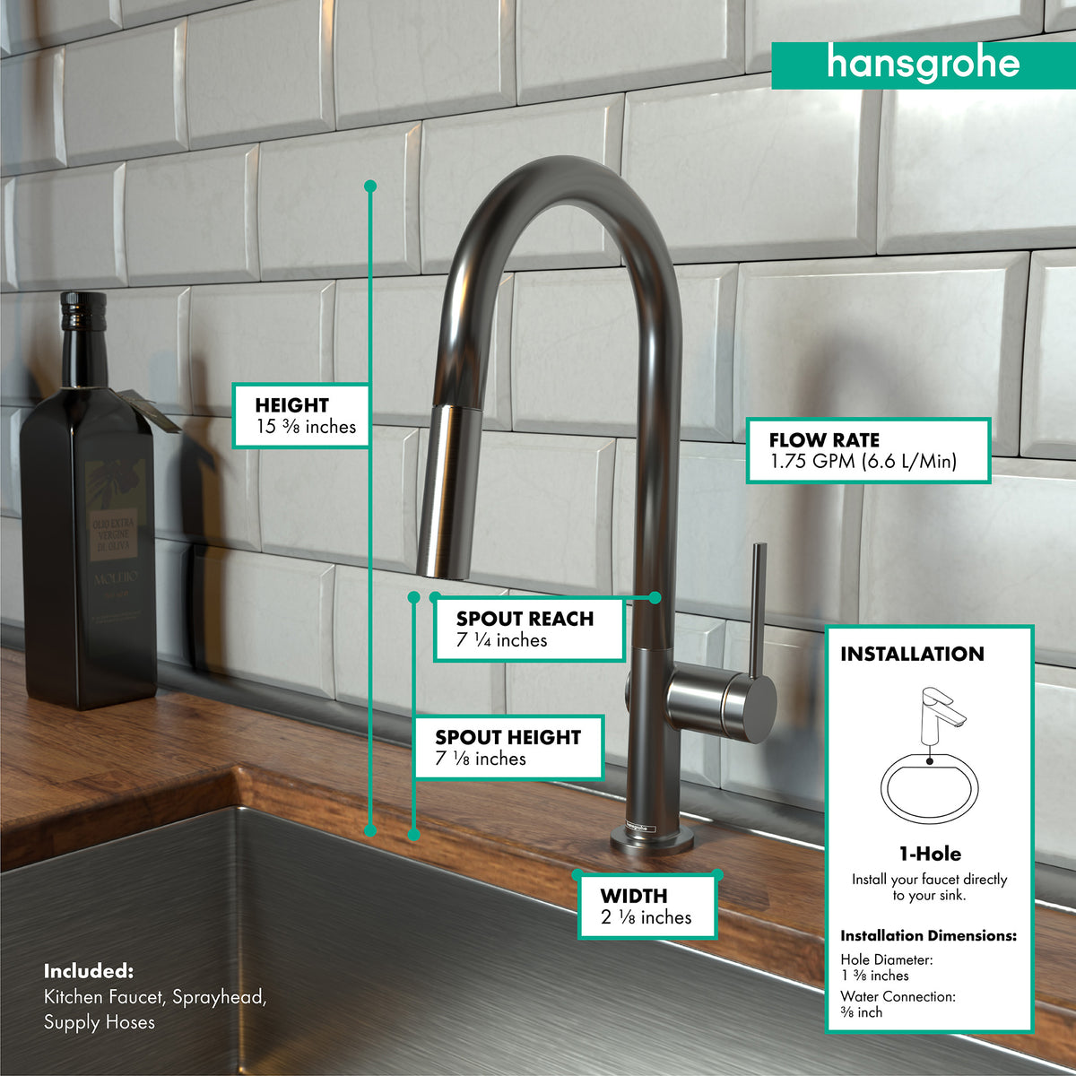HANSGROHE 72846341 Talis N HighArc Kitchen Faucet, A-Style, 2-Spray Pull-Down, 1.75 GPM - Brushed Black Chrome