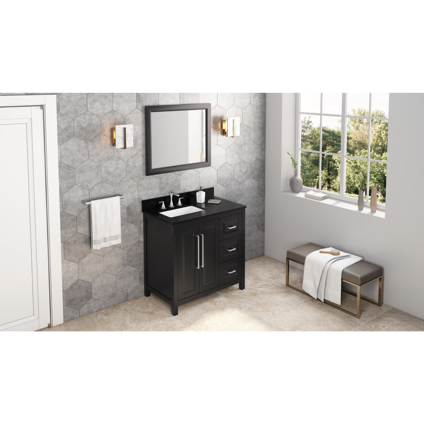 JEFFREY ALEXANDER VKITCAD36BKBGR 36" Black Cade Vanity, left offset, Black Granite Vanity Top, undermount rectangle bowl - Black