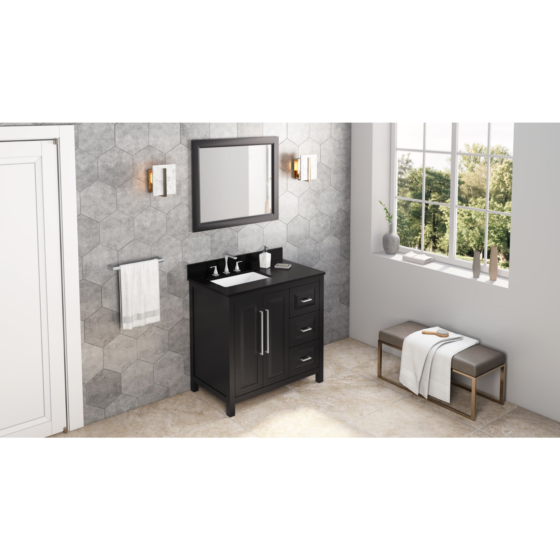 JEFFREY ALEXANDER VKITCAD36BKBGR 36" Black Cade Vanity, left offset, Black Granite Vanity Top, undermount rectangle bowl - Black
