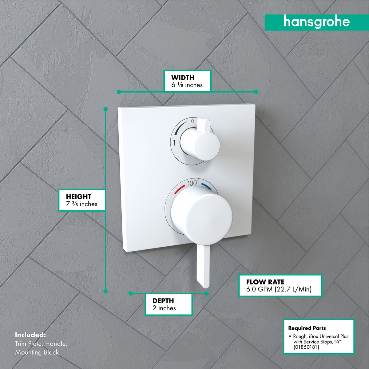 HANSGROHE 15714701 Ecostat Square Thermostatic Trim with Volume Control and Diverter - Matte White