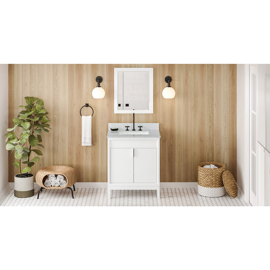 JEFFREY ALEXANDER VKITTHE30WHWCR 30" White Theodora Vanity, White Carrara Marble Vanity Top, undermount rectangle bowl , White