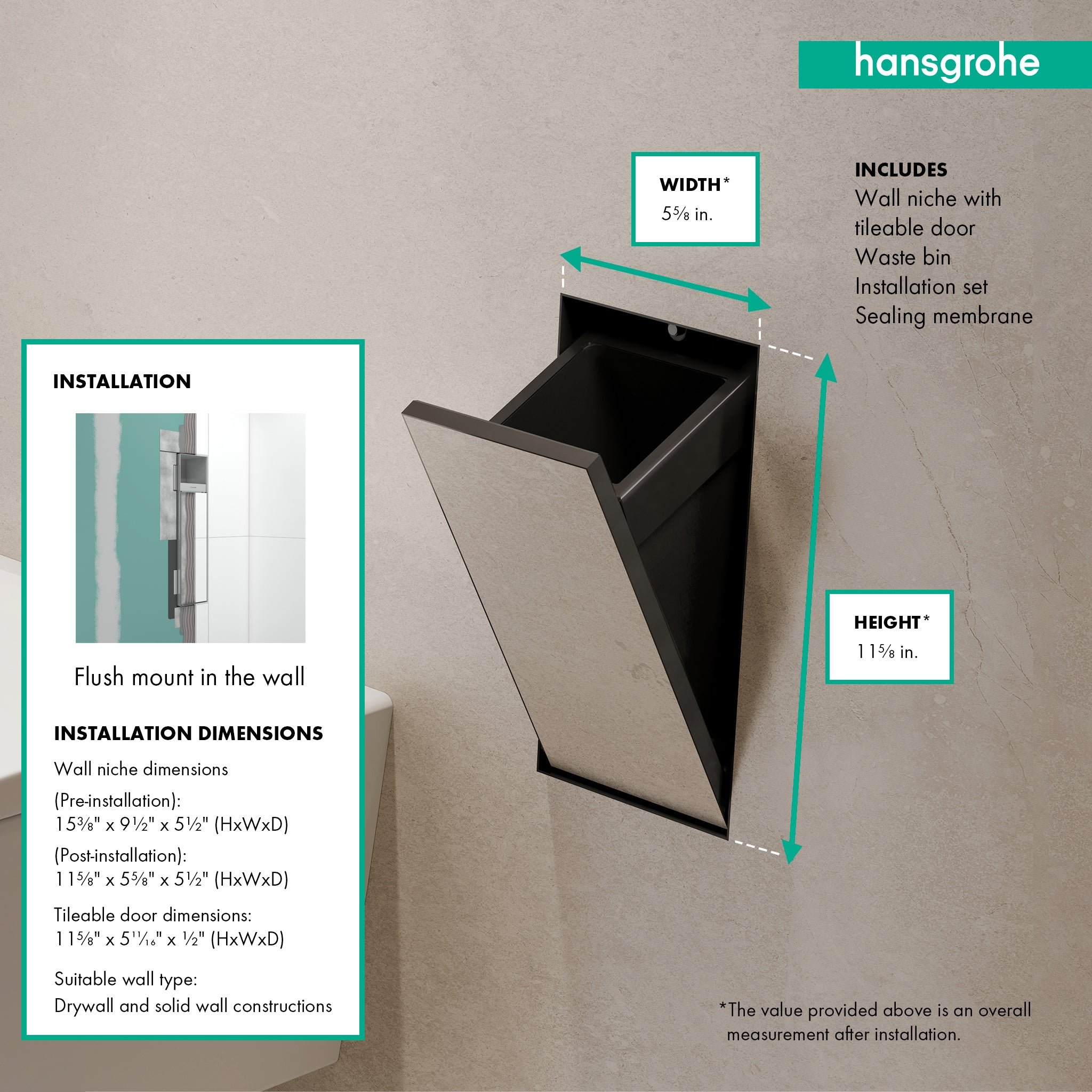 HANSGROHE 56063670 XtraStoris Rock Recessed Trash Bin with Shelf & Tileable Door - Matte Black