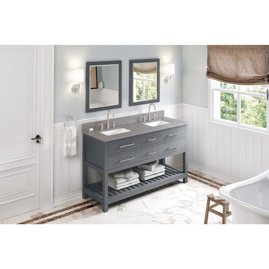 JEFFREY ALEXANDER VKITWAV60GRSGR 60" Grey Wavecrest Vanity, double bowl, Steel Grey Cultured Marble Vanity Top, two undermount rectangle bowls , Grey